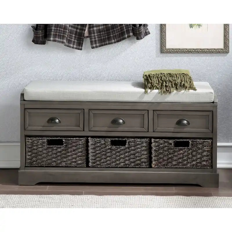 Banc de rangement capitonné pour entrée avec tiroirs et paniers