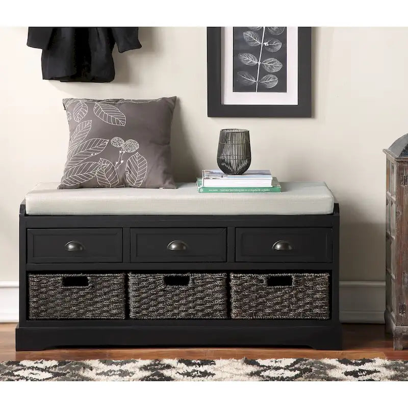 Banc de rangement capitonné pour entrée avec tiroirs et paniers