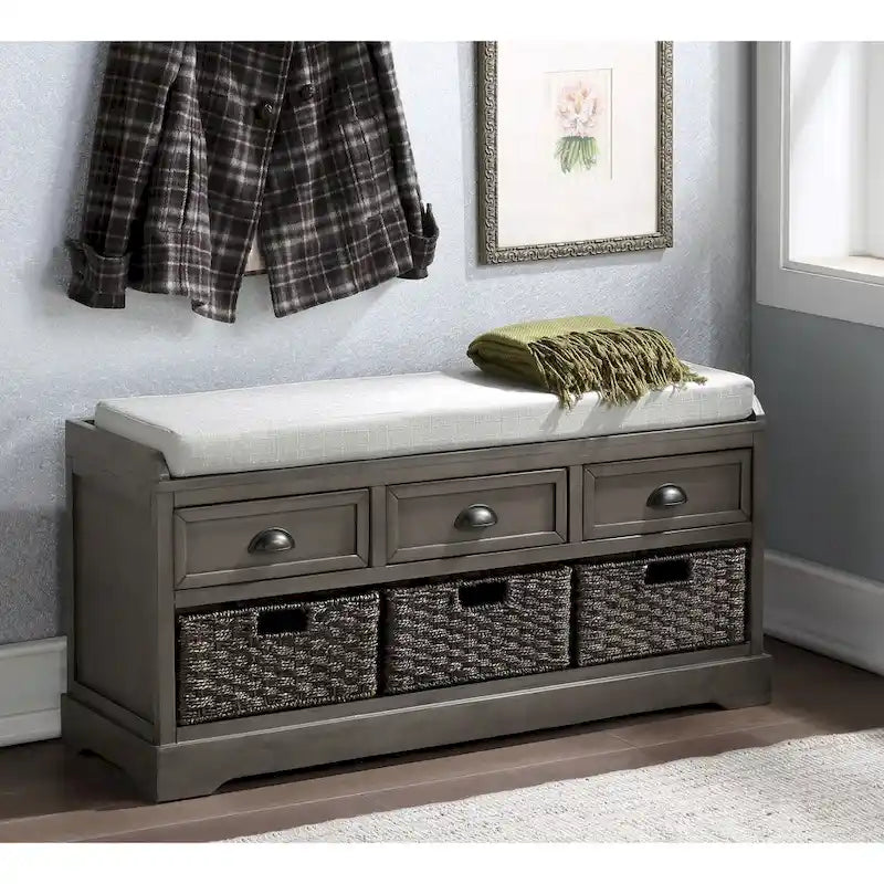 Banc de rangement capitonné pour entrée avec tiroirs et paniers