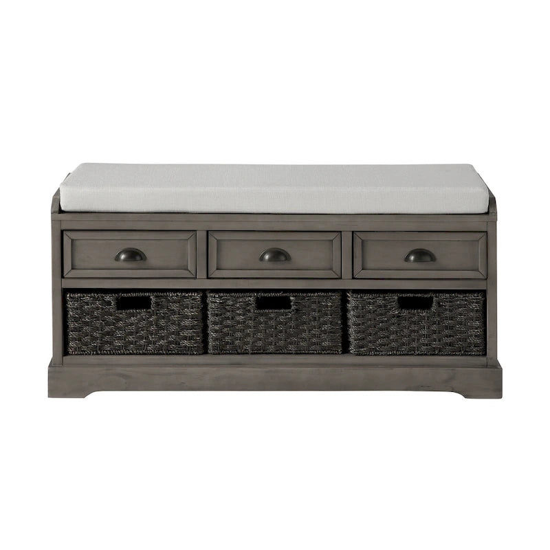 Banc de rangement capitonné pour entrée avec tiroirs et paniers