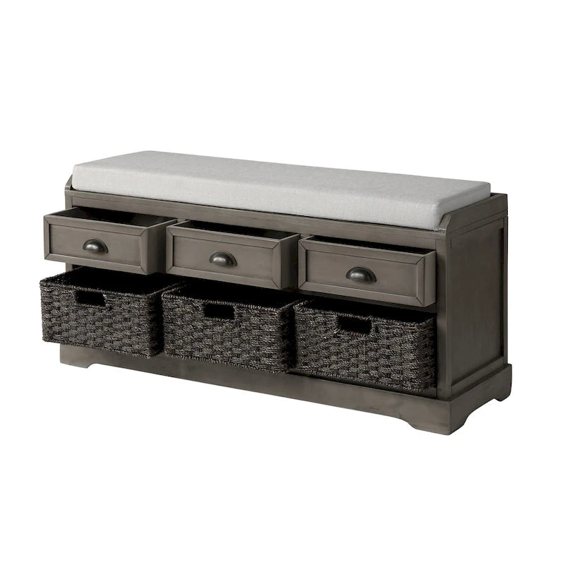 Banc de rangement capitonné pour entrée avec tiroirs et paniers
