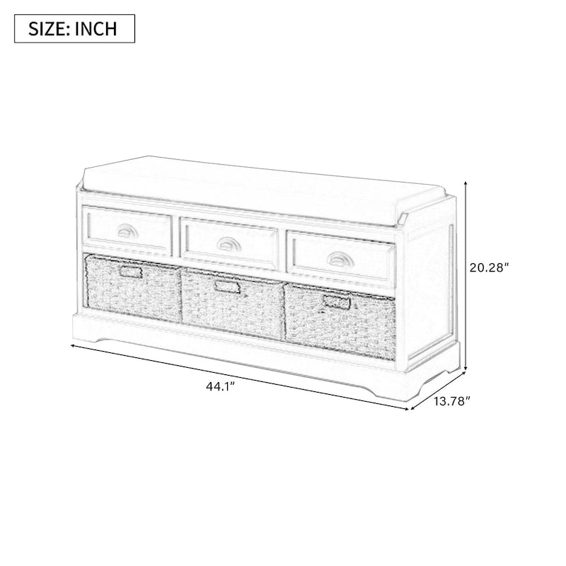 Banc de rangement capitonné pour entrée avec tiroirs et paniers