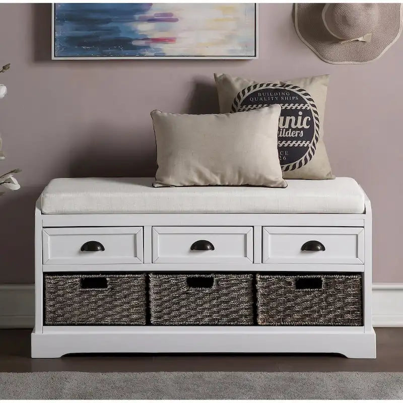 Banc de rangement capitonné pour entrée avec tiroirs et paniers