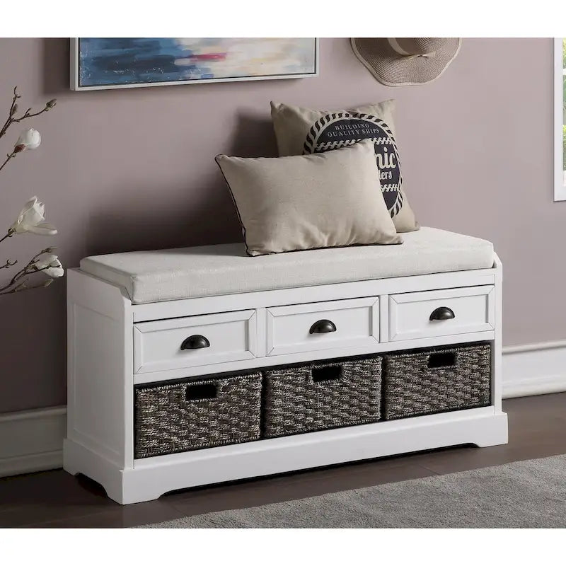 Banc de rangement capitonné pour entrée avec tiroirs et paniers
