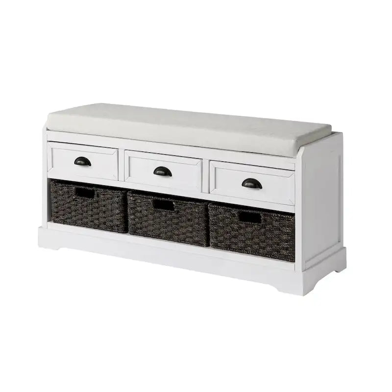 Banc de rangement capitonné pour entrée avec tiroirs et paniers