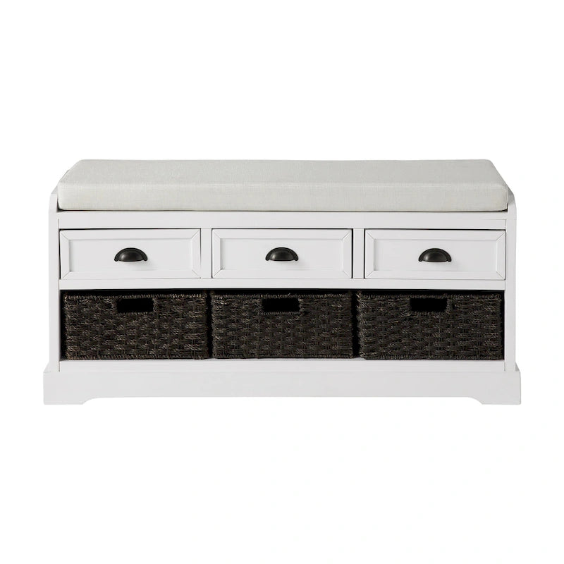 Banc de rangement capitonné pour entrée avec tiroirs et paniers
