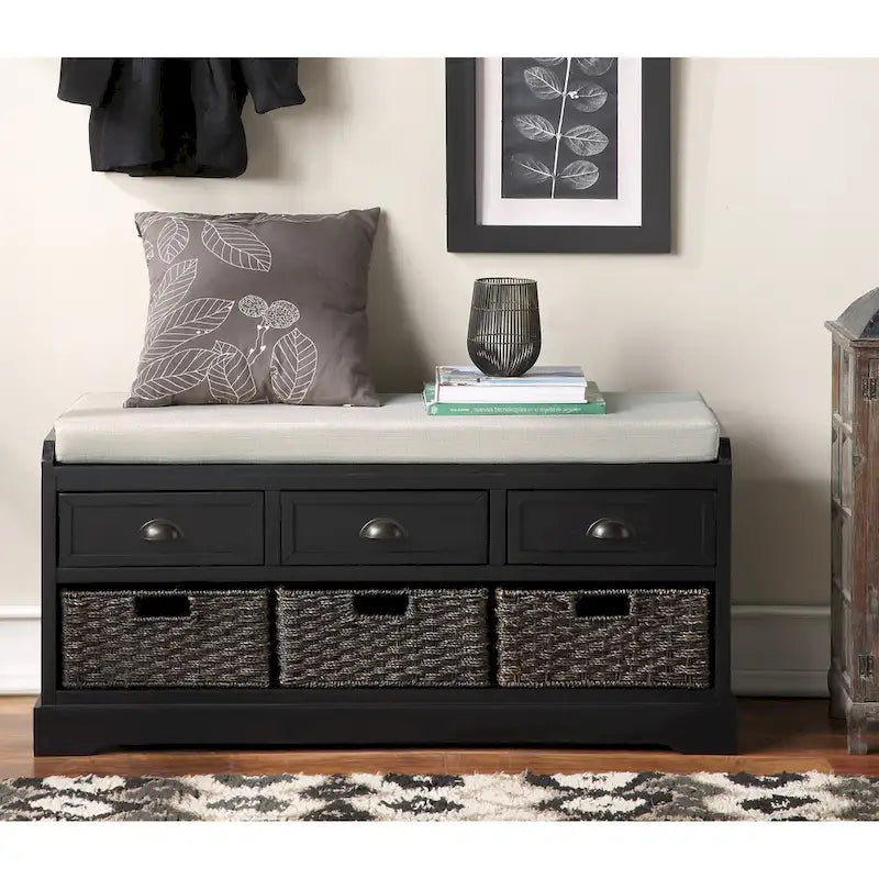 Banc de rangement capitonné pour entrée avec tiroirs et paniers