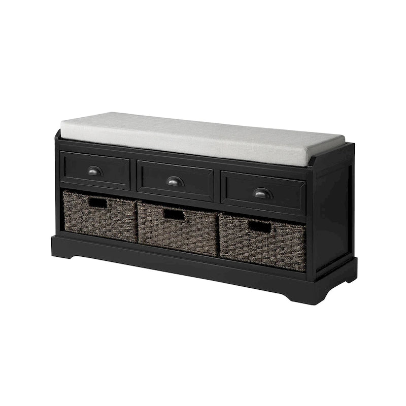 Banc de rangement capitonné pour entrée avec tiroirs et paniers