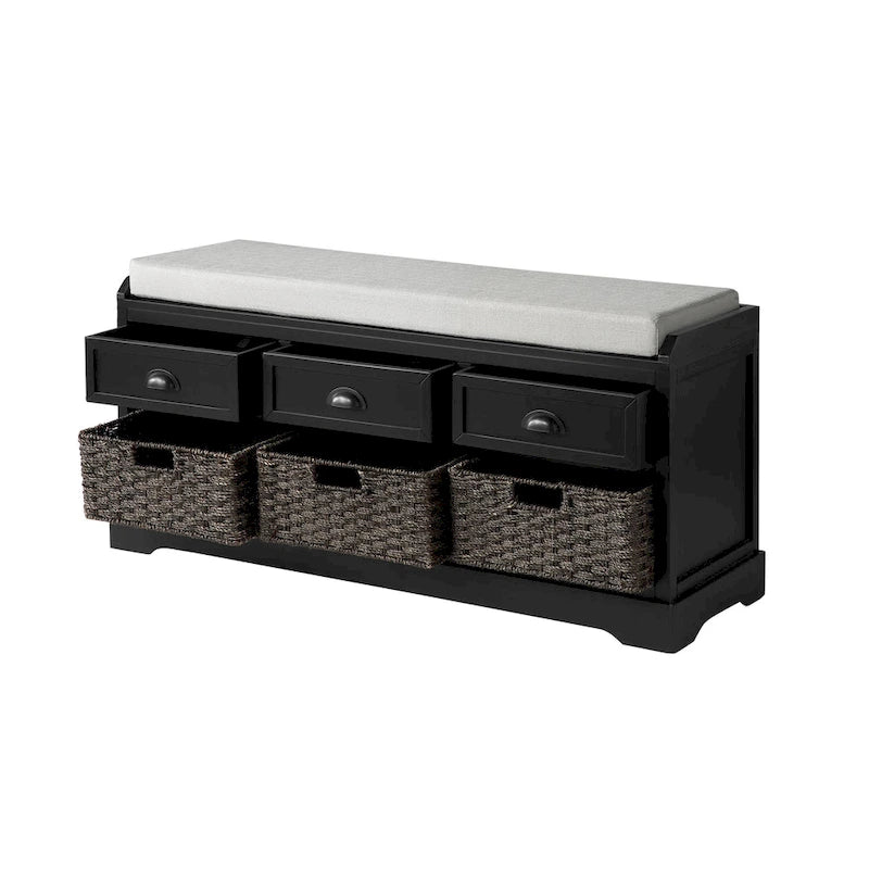 Banc de rangement capitonné pour entrée avec tiroirs et paniers