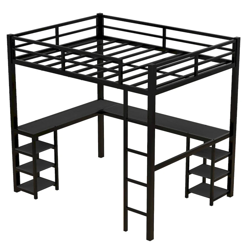 Lit mezzanine double en métal noir en forme de L avec bureau et étagères intégrés