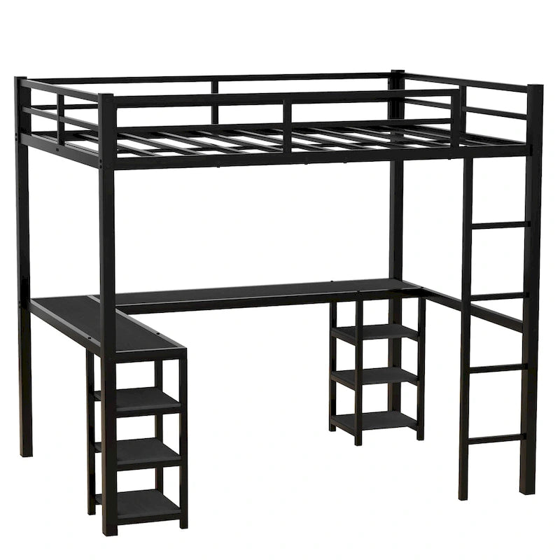Lit mezzanine double en métal noir en forme de L avec bureau et étagères intégrés