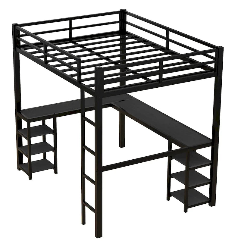 Lit mezzanine double en métal noir en forme de L avec bureau et étagères intégrés