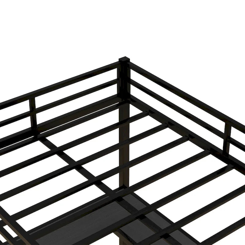 Lit mezzanine double en métal noir en forme de L avec bureau et étagères intégrés