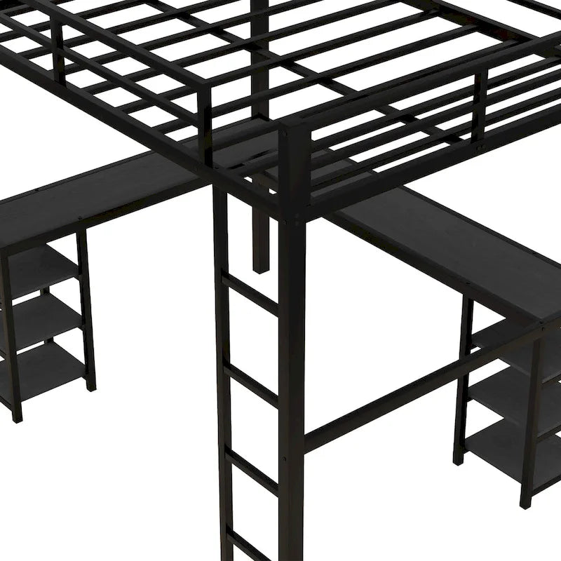 Lit mezzanine double en métal noir en forme de L avec bureau et étagères intégrés