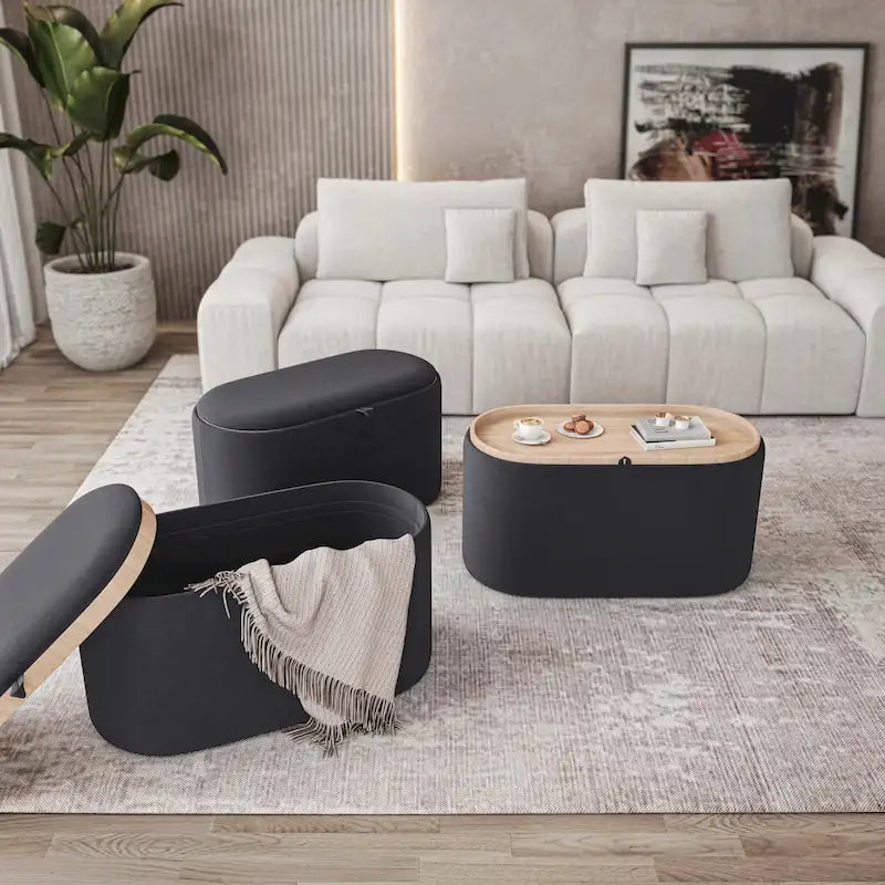 Pouf de rangement réversible avec plateau en lin noir