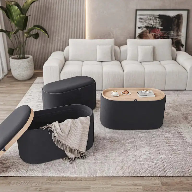 Pouf de rangement réversible avec plateau en lin noir