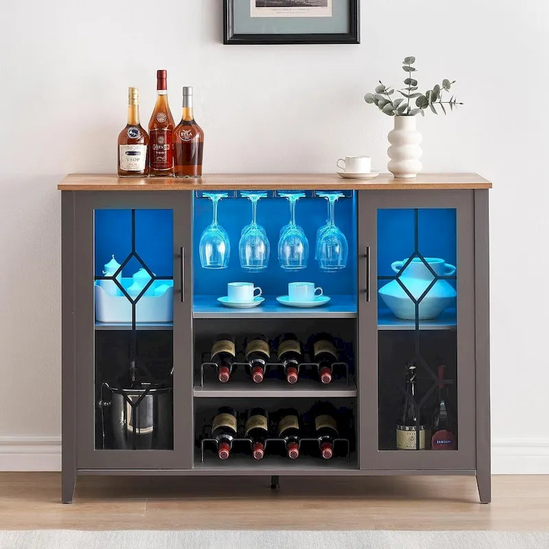 Meuble de bar à vin avec lumières LED, portes en verre et casier à vin
