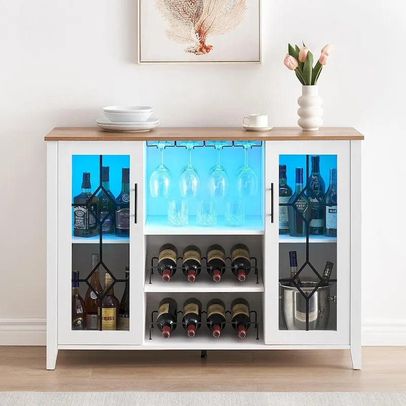 Meuble de bar à vin avec lumières LED, portes en verre et casier à vin