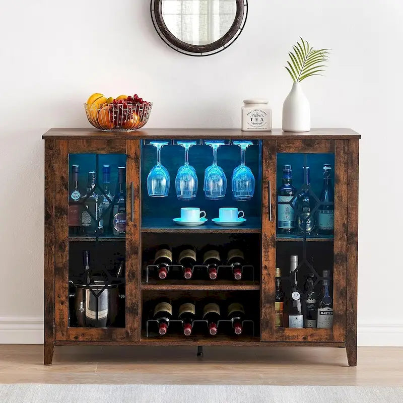 Meuble de bar à vin avec lumières LED, portes en verre et casier à vin