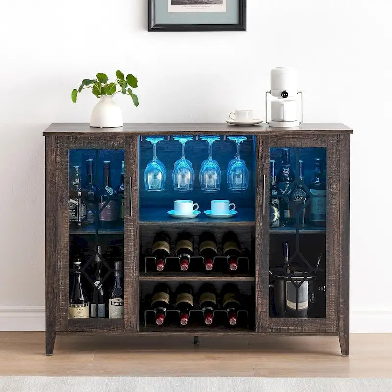Meuble de bar à vin avec lumières LED, portes en verre et casier à vin