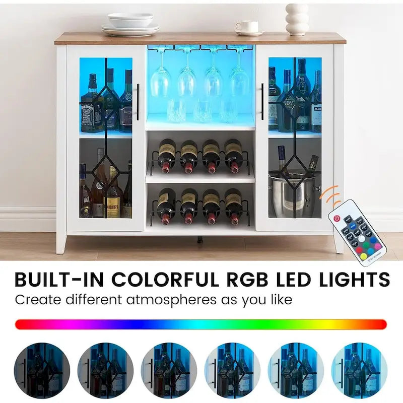 Meuble de bar à vin avec lumières LED, portes en verre et casier à vin