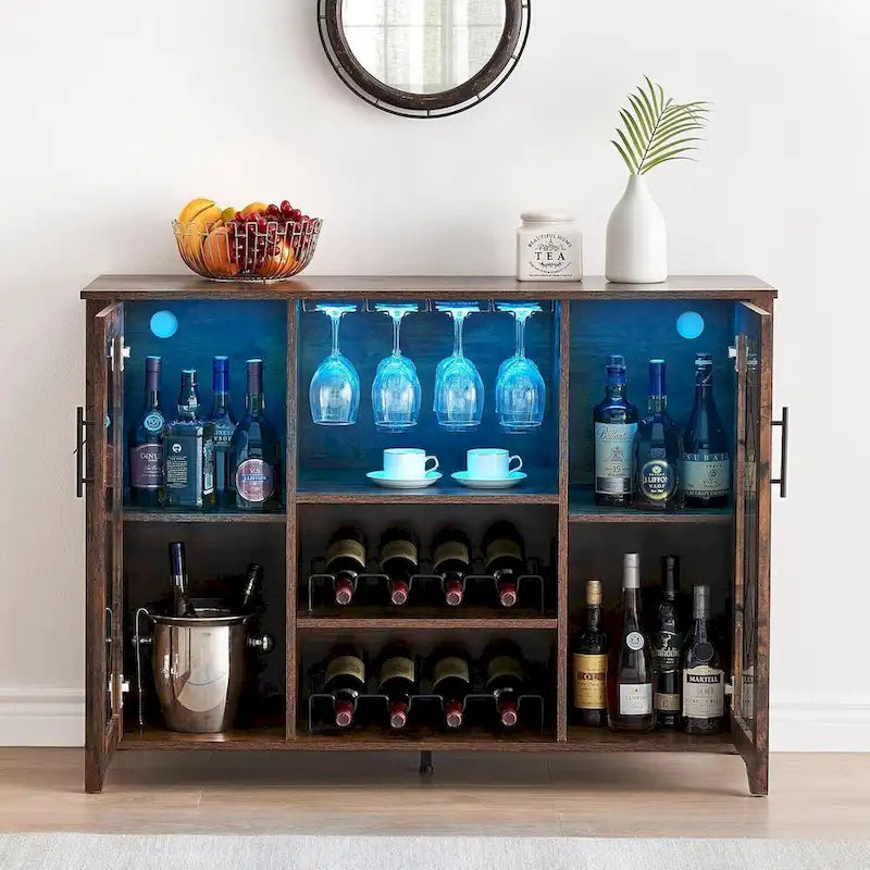 Meuble de bar à vin avec lumières LED, portes en verre et casier à vin