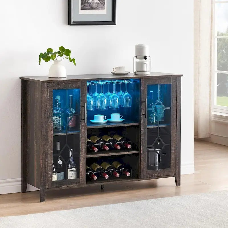 Meuble de bar à vin avec lumières LED, portes en verre et casier à vin