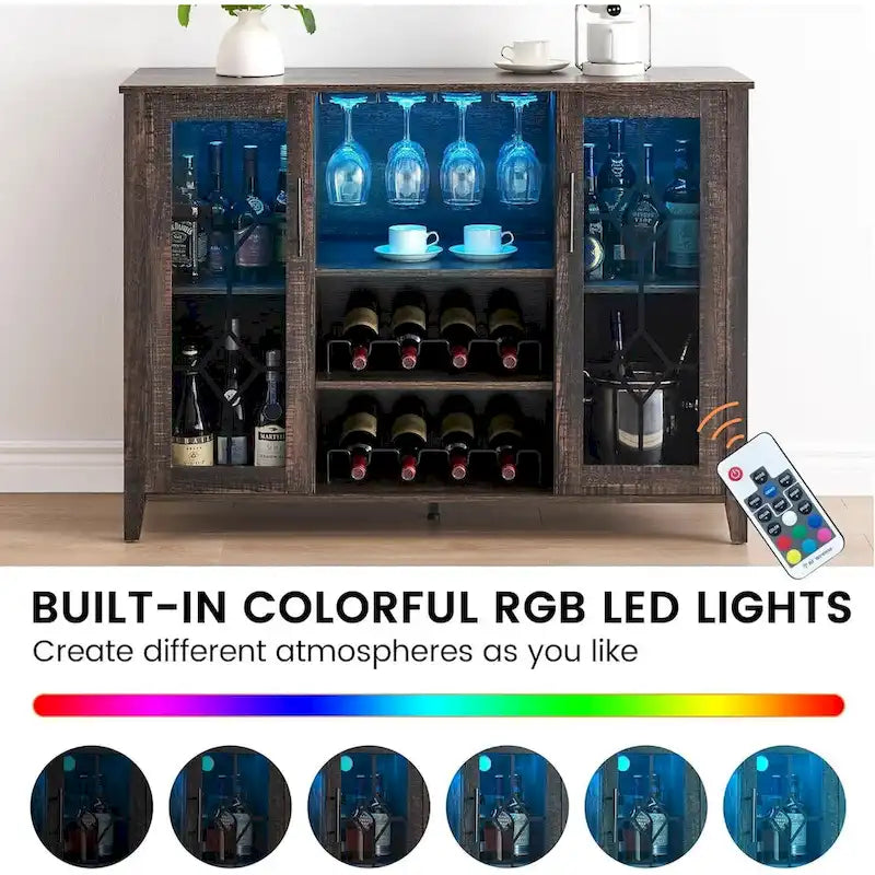 Meuble de bar à vin avec lumières LED, portes en verre et casier à vin