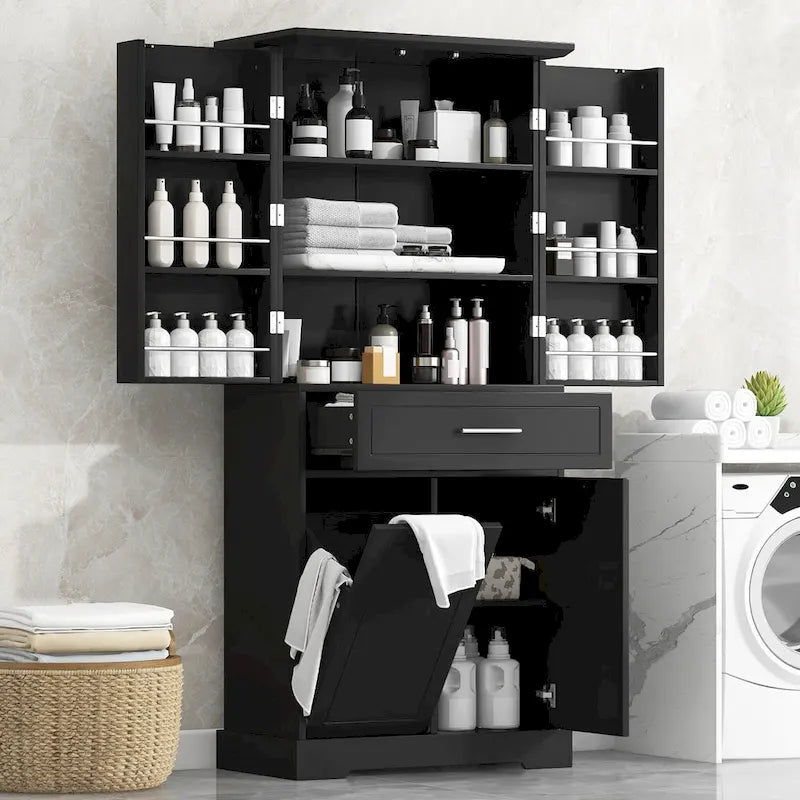 Meuble de salle de bain haut sur pied avec tiroir et panier à linge Noir Blanc