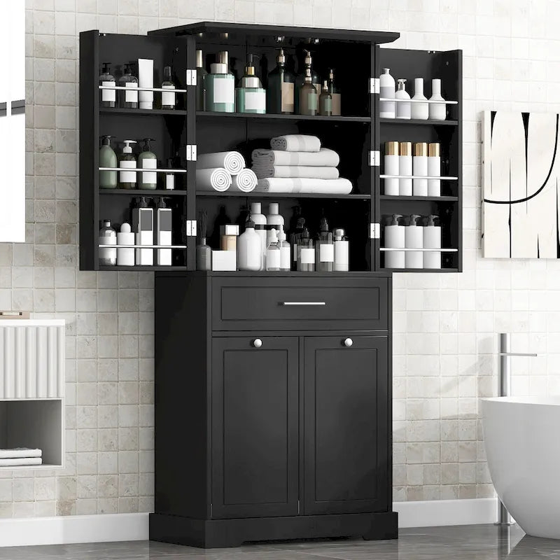 Meuble de salle de bain haut sur pied avec tiroir et panier à linge Noir Blanc