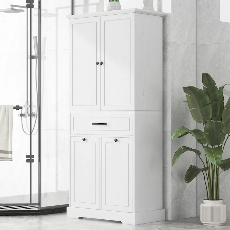Meuble de salle de bain haut sur pied avec tiroir et panier à linge Noir Blanc