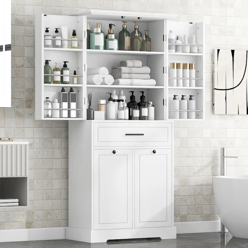 Meuble de salle de bain haut sur pied avec tiroir et panier à linge Noir Blanc
