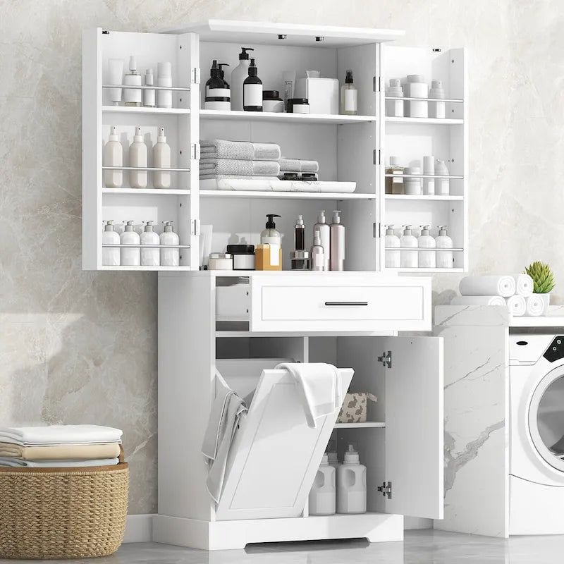 Meuble de salle de bain haut sur pied avec tiroir et panier à linge Noir Blanc