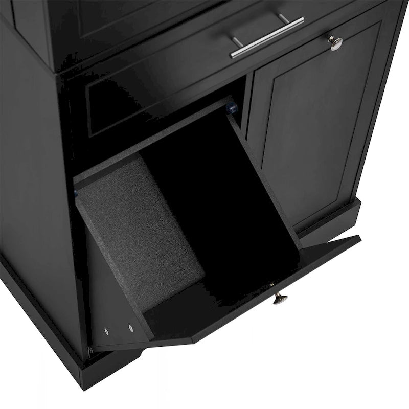 Meuble de salle de bain haut sur pied avec tiroir et panier à linge Noir Blanc