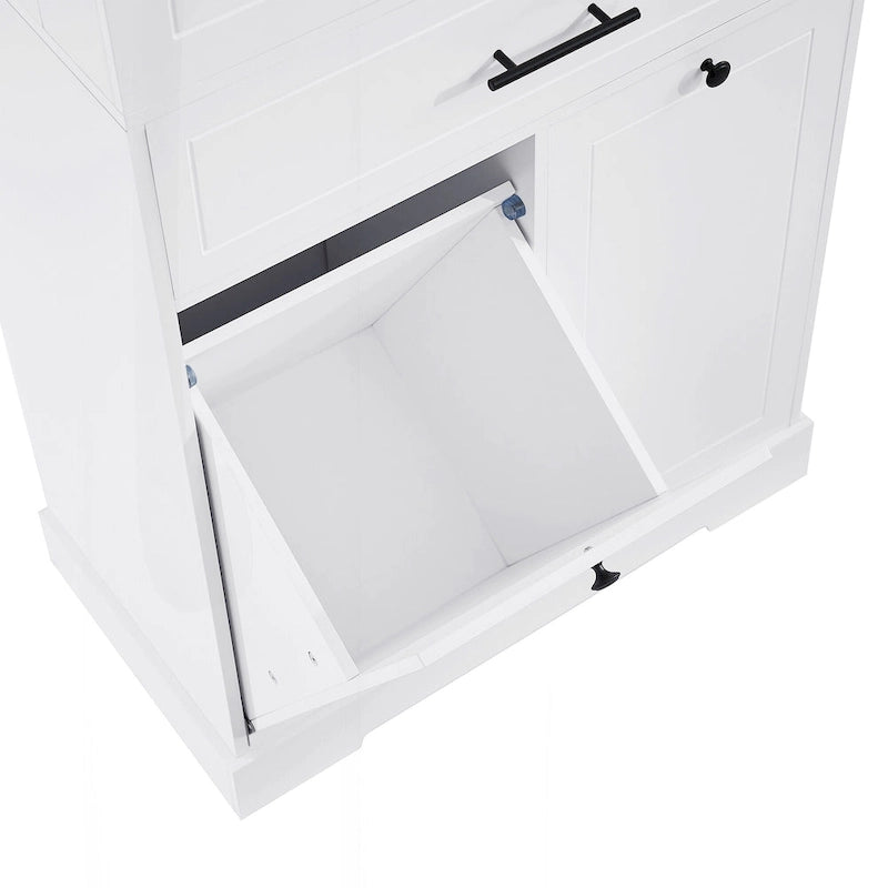 Meuble de salle de bain haut sur pied avec tiroir et panier à linge Noir Blanc