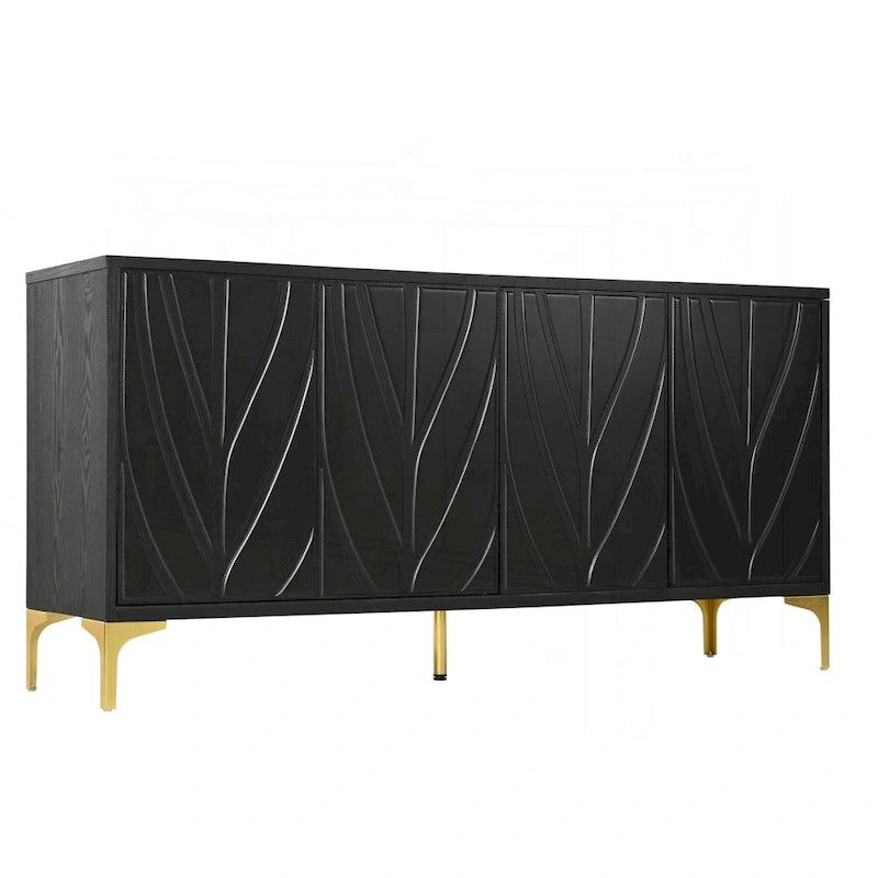Buffet bahut 4 portes noir gaufré vague avec pieds dorés
