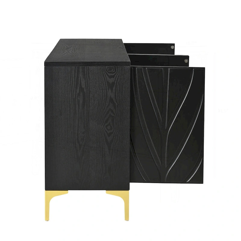 Buffet bahut 4 portes noir gaufré vague avec pieds dorés