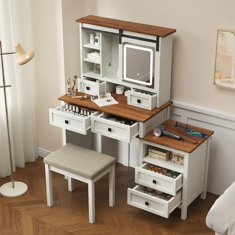 46.5 Farmhouse Makeup Vanity Desk with Adjustible LED Lighted Mirror and Charging Station for Bedroom