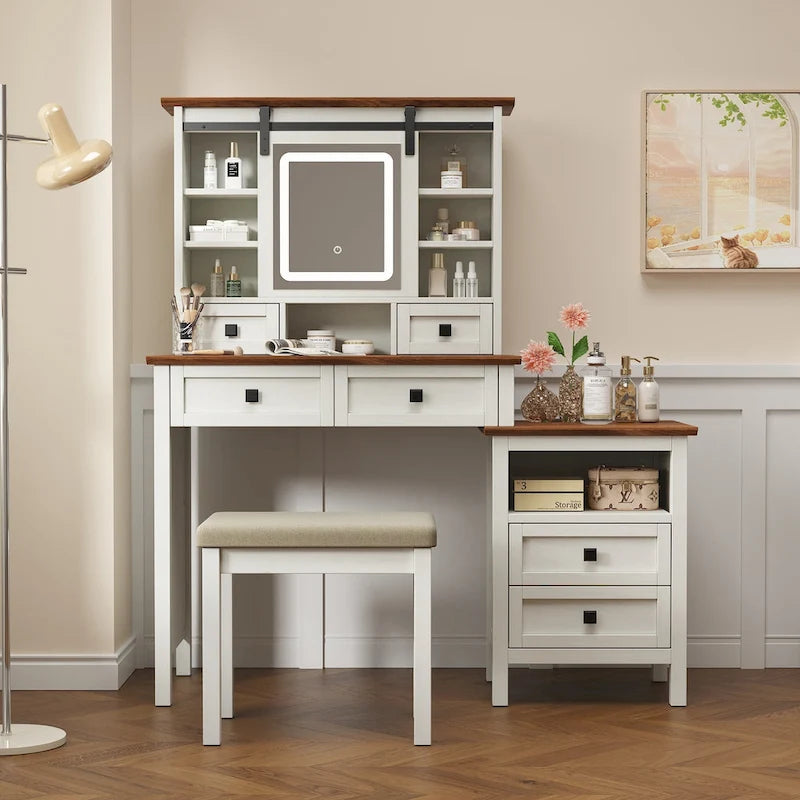 Table de maquillage de ferme blanche avec miroir LED, porte coulissante et station de recharge