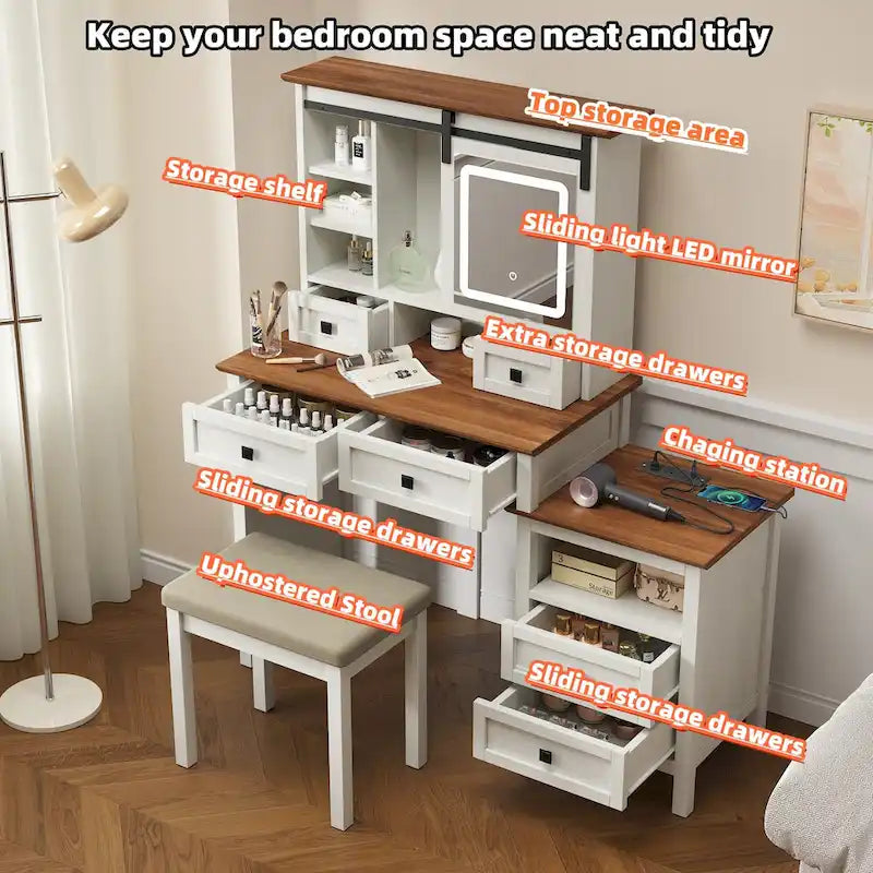 Table de maquillage de ferme blanche avec miroir LED, porte coulissante et station de recharge