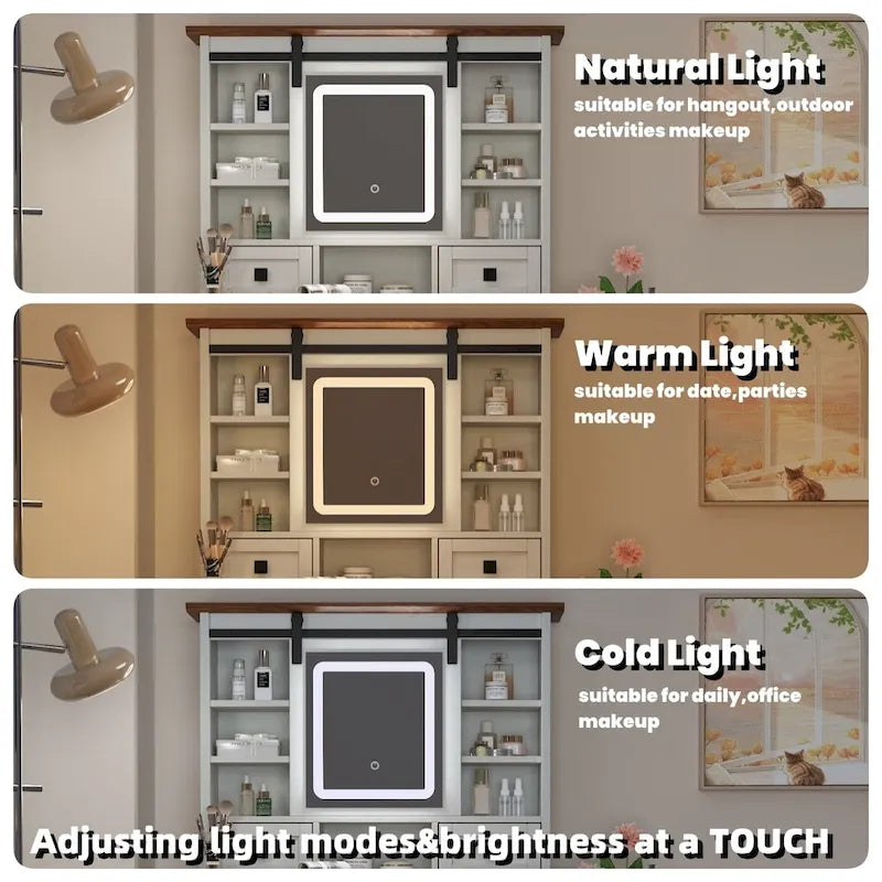 Table de maquillage de ferme blanche avec miroir LED, porte coulissante et station de recharge