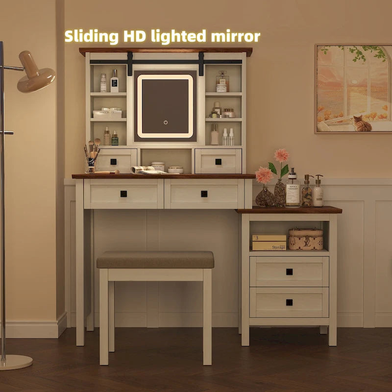 Table de maquillage de ferme blanche avec miroir LED, porte coulissante et station de recharge