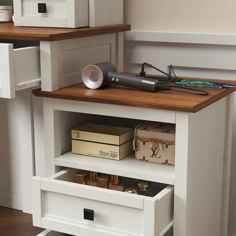 Table de maquillage de ferme blanche avec miroir LED, porte coulissante et station de recharge