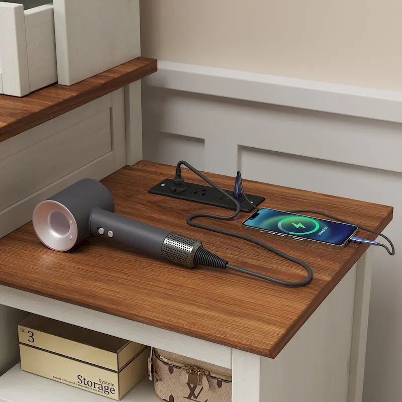Table de maquillage de ferme blanche avec miroir LED, porte coulissante et station de recharge