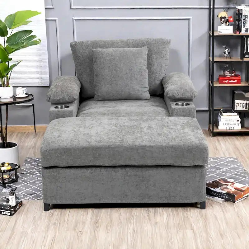 Fauteuil d'appoint surdimensionné en chenille avec porte-gobelets, port de charge USB et accoudoir de rangement Vert Gris Beige