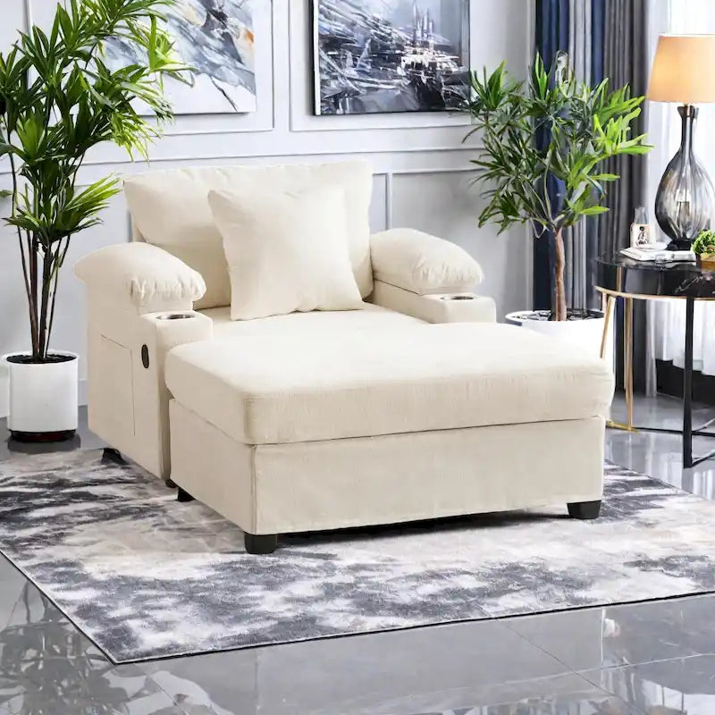 Fauteuil d'appoint surdimensionné en chenille avec porte-gobelets, port de charge USB et accoudoir de rangement Vert Gris Beige