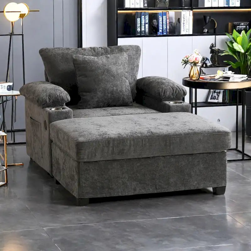 Fauteuil d'appoint surdimensionné en chenille avec porte-gobelets, port de charge USB et accoudoir de rangement Vert Gris Beige