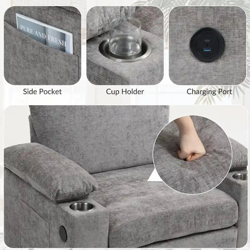 Fauteuil d'appoint surdimensionné en chenille avec porte-gobelets, port de charge USB et accoudoir de rangement Vert Gris Beige
