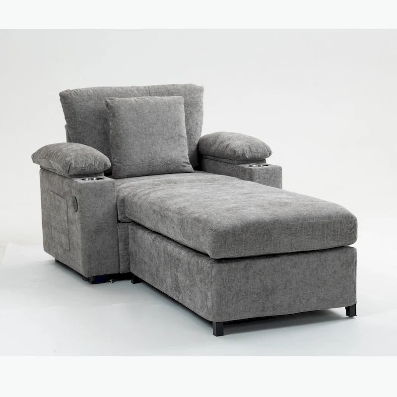Fauteuil d'appoint surdimensionné en chenille avec porte-gobelets, port de charge USB et accoudoir de rangement Vert Gris Beige