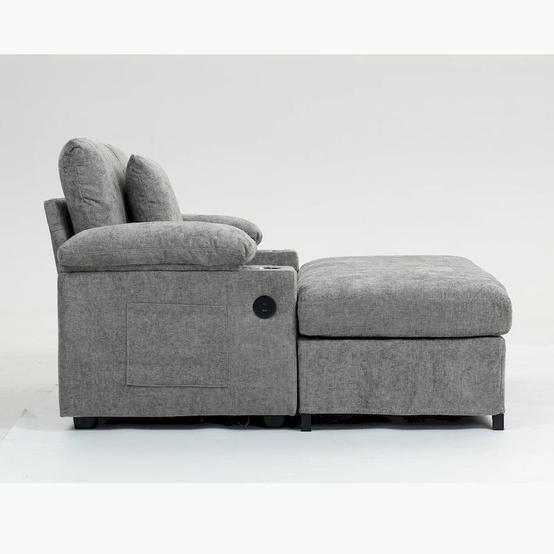 Fauteuil d'appoint surdimensionné en chenille avec porte-gobelets, port de charge USB et accoudoir de rangement Vert Gris Beige